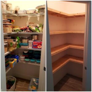 Custom pantry makeover with wood shelf installation